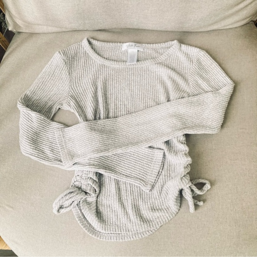 White Fawn Ribbed Knit Gray Long Sleeve US XS Cashmere Feel Adjustable Sides
